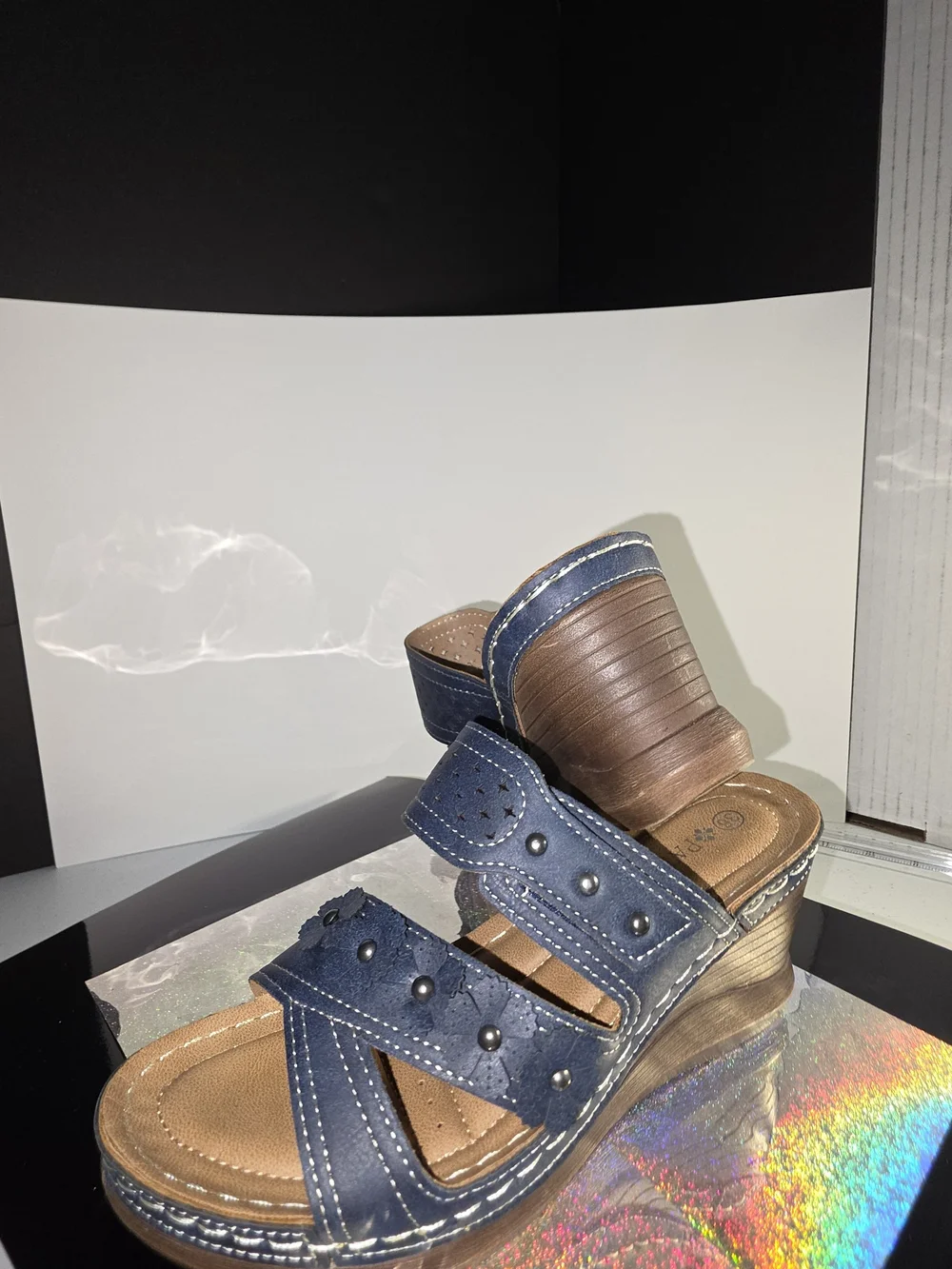 Patrizia Costmary Navy Floral Leather Wedge Sandal Stud Detail Sz 36 (5-6 US)